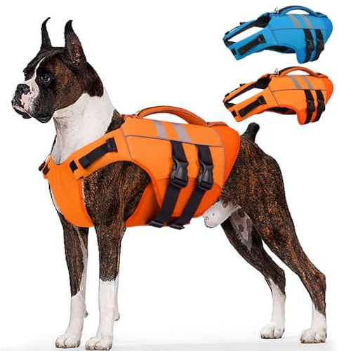 Kuoser XXL Dog Life Jacket, High Flotation Large Dogs Life Vest for Swimming Boating, Reflective Puppy Water Vest Pet Life Preserver with Rescue Handle, Orange XXL