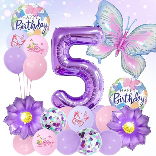 LUMOOM Mariposa decorativa cumpleaños niña 5 años globos decoración de cumpleaños globos mariposas globos de papel de aluminio globos de números lila fiesta cumpleaños infantil decoración para niños