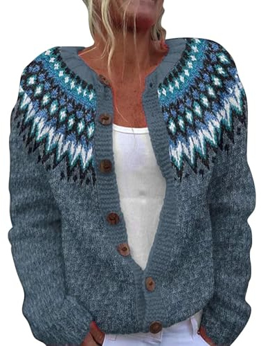 Women's Cardigan Colourful Chunky Knitted Jacket Norwegian Knitted Coat Knitted Jumper Knitted Cardigan Pullover with Buttons Classic Jacquard Knitwear Women's Cardigan Transition Jacket, navy, XXL