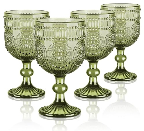 Joeyan 350ml Vintage Weingläser Grün, Sonnenblumen Relief Kelche mit Stiel, Weinkelche Landhausstil für Saft Getränke,Bunt Rotweingläser Weißweingläser Trinkgläser mit Fuß,Set von 4,Spülmaschinenfest