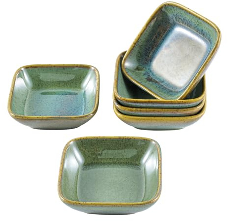 All-Pie Set of 6 Ceramic Sauce Dish (3.5 inch),Small Teabag Holder Dish,Condiment Dishes,Jewelry Holder,Sushi Soy Dipping Bowl,Snack Serving Dishes, Mini Saucer Set (Square Green)