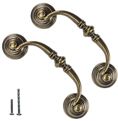 HOUSEHOOK 6 PCS Antique Brass Metal Drop Bail Pulls, 3-1/4 Center to Center, Vintage Shabby Chic Drawer Handles for Dressers, Cupboards, Wardrobes, and Kitchen Cabinets
