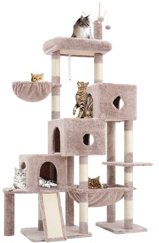 Hey-brother Árbol rascador para Gatos Grandes, 160 cm, 3 Camas, Hamaca Grande, Superficie de Descanso y Tabla rascadora de sisal, Beige-Marrón EMPJ081MU