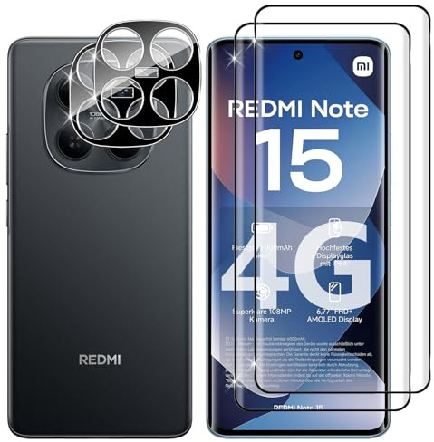 Lutree per Xiaomi Redmi Note 15 4G Vetro Temperato, 2+2 Pezzi 3D Pellicola Protettiva+ Pellicola Fotocamera (Nera), Durezza 9H Anti-Graffio Anti-Impronte HD Senza Bolle Protezione Schermo
