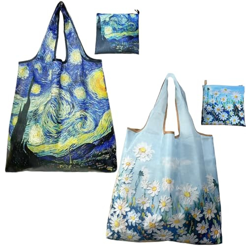 ZenyTra Einkaufstasche Faltbar 2er Set (60x40 cm), Wiederverwendbare Stoff Einkaufsbeutel mit Chrysantheme & Sternennacht Muster, Leichte Schnelltrocknende Mehrwegtasche für Supermarkt, Reise, Strand