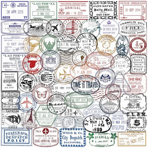 Alethron 120 Stück Briefmarken Sticker, Retro Travel Sticker Wasserfest Scrapbook Journal Transparent Aesthetic Poststempel Aufkleber Set fuir Fotokalender Journaling Reisen Koffer Helm Laptop