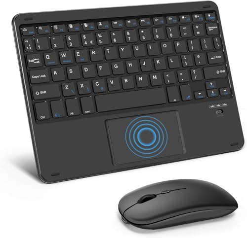 Teclado y ratón Bluetooth portátil con retroiluminación, mini teclado recargable, teclados inalámbricos para iPad/tabletas/iOS/Android/Windows, diseño del Reino Unido (negro)