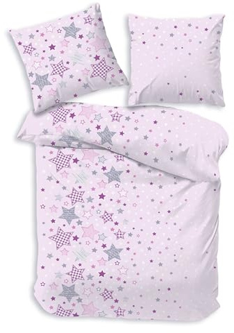 Juego de cama infantil de franela fina con estrellas y estrellas en color rosa, lila y gris, funda nórdica de 135 x 200 cm, 100 % algodón