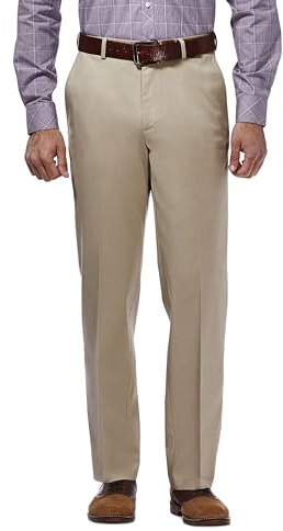 Haggar Mens Premium No-Iron Classic-fit Expandable-Waist Pleat-Front Casual Pants, Khaki, 36W x 32L US