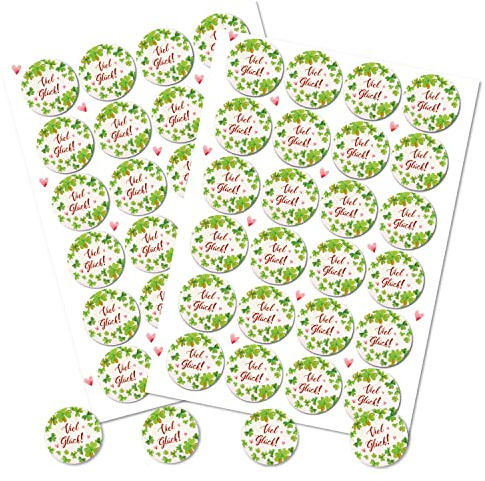 Viel Glück Aufkleber, 72er Set: Glücksbringer Sticker Kleeblätter, Silvester & Neujahr, Sprüche Motivation & Prüfung zum Aufkleben, Spruchaufkleber für Geschenke, Geschenkaufkleber Give-Away, ⌀ 4 cm