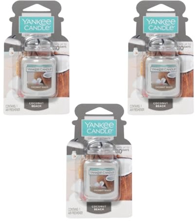 Yankee Candle Car Jar Ultimate Coconut Beach Air Freshener, 0.96 oz Each, Tropical Scent, Long-Lasting Odor Neutralizer for Car and Home Use (Pack of 3)