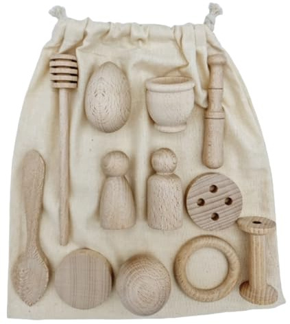 GERILEO Cesto de los Tesoros Montessori - 12 Piezas - Juego Heurístico - Juego de Accesorios Pequeños de Cocina de Madera con Bolsa de Tela - Utensilios - Cesto Sensorial (Bolsa+12 Piezas)
