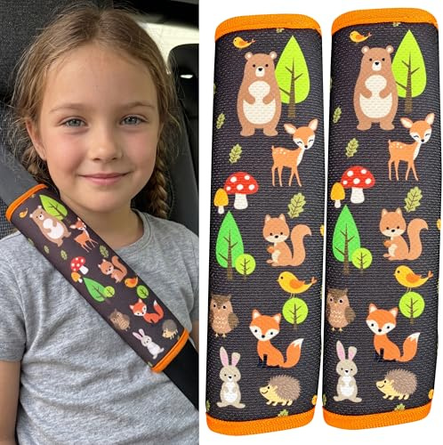 HECKBO 2x Kinder Auto Gurtpolster Gurtschutz mit Waldtiere Motiv - schoner anschnallgurt kinder gurt schutz kindersitz gurt schutz hals auto mädchen gurt schulterpolster auto gurtpolster kinder