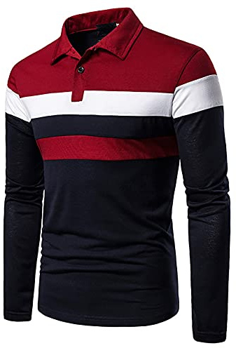 Men's Polo Shirt Long Sleeve Stripe Casual Golf T-Shirts Work Tee Tops Rugby Tennis Golf Pique T-Shirts Red Navy, L