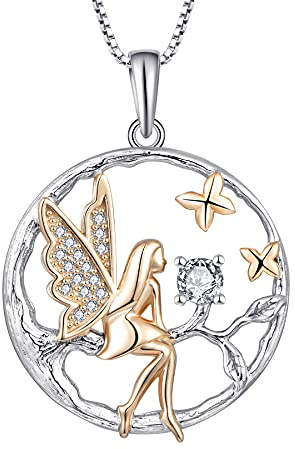 FJ Collar Ángel de la Guarda Plata de Ley 925 Colgante Árbol de la Vida Collar Hada Mariposa con Piedra de Nacimiento Joyas Regalos para Mujer Niña