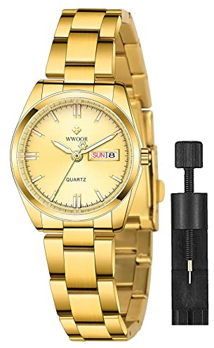 Gosasa Women's Silver Stainless Steel Band Wrist Watches Fashion Quartz Analog Watch Small Face Ladies Dress Watch (Full Gold)