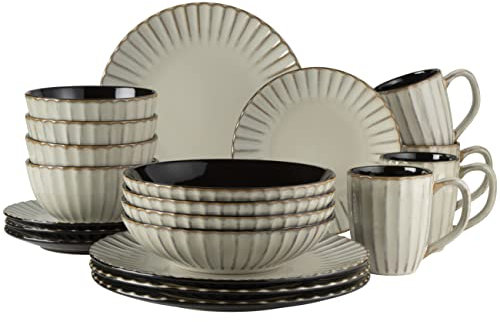 MÄSER 931963 Serie Confino Set di stoviglie per 4 persone dal look moderno vintage, servizio combinato in ceramica beige con accenti neri, gres porcellanato