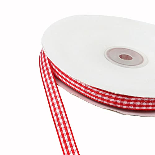 Duories 45m Karoband Schleifenband Geschenkband Vichy Bauernkaro Bänder zum Basteln,Stoffband Dekoband Bögen für Weihnachten Hochzeit Valentinstag Taufe Geburtstags Party Geschenk Verpackung,25mm Rot