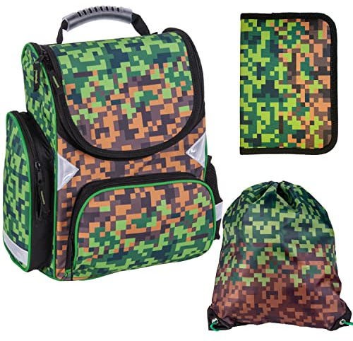 Goldkids Game Pixel Schulranzen ergonomischer Ranzen Federmappe Turnbeutel 3er Set. Geeignet ab der ersten Klasse der Grundschule.