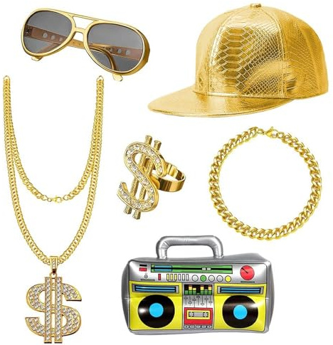UBERMing Kit de Disfraces de Hip Hop Collar Anillo y Pulsera con Signo de Dólar + Gafas de sol Doradas + Gorra de Hip Hop + Caja de Radio Inflable Decoraciones de Accesorios de Rapero 80s/ 90s