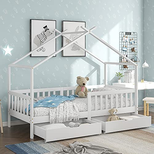Kayan Schönes Hausbett, Kinderbett, mit 2 Schubladen, Massivholz mit Zaun und Lattenrost, Kinder- und Jugendzimmer mit Absturzsicherung, weiß (200x90 cm)