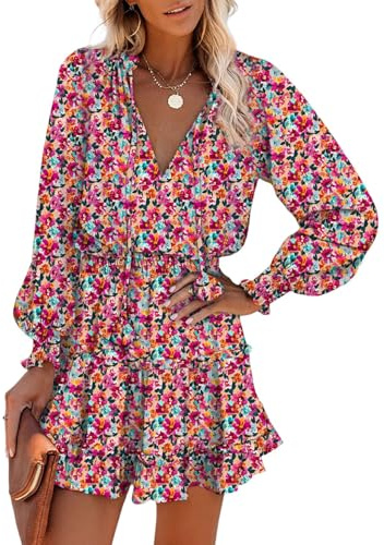 Dokotoo Beach Vacation Clothes for Women Spring Casual Drawstring V Neck Chiffon Long Sleeve Dress Elegant Empire Waist Flowy Wedding Guest Party Mini Dresses for Women 2026 Sundress Purple Large