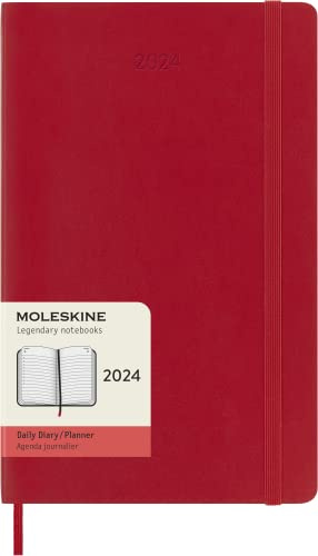 Moleskine Tagesplaner 12 Monate 2024, Planer 2024, Großes Format 13x21, Weicher Einband und elastischer Verschluss, Scharlachroter Farbton