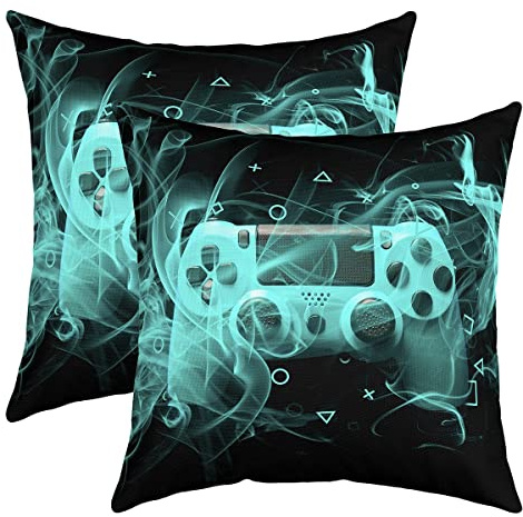 Loussiesd Kids Gamer Pillow Cover Teens Gamepad Pillow Cover for Sofa Bed Video Game Controller Gaming Cushion 60x60cm Youth Blue Black