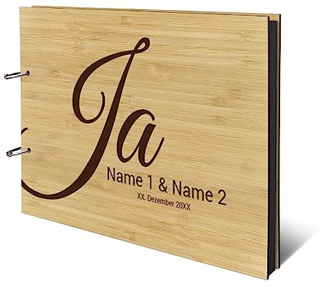 Personalisiertes Hochzeit Fotoalbum echtes Holz DIN A4 Hochzeitsbuch mit Lasergravur - Ja - mit 25 Blatt / 50 Seiten Fotokarton Schwarz