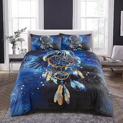 YUTNSAN Ropa de cama de invierno de 135 x 200 cm, forro polar coral, atrapasueños, águila, mullida, funda nórdica cálida franela, tacto de cachemira, color azul y negro, juego con funda de almohada de
