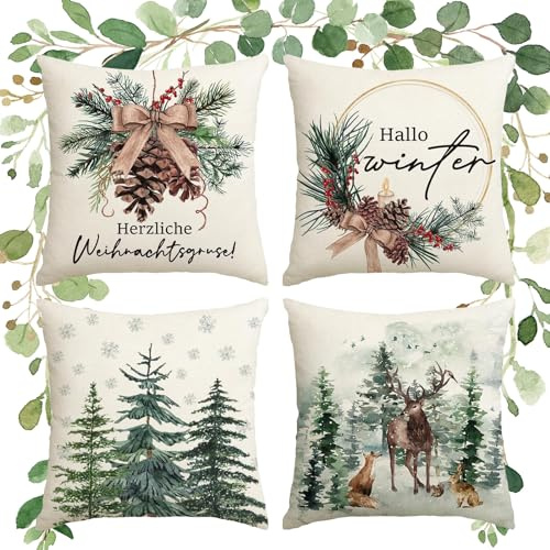 HIQE-FL 4er Set Weihnachten Deko Kissenbezug Leinen Tannenzapfen Rentier Baum Ahornblatt 45x45cm Rot Grün Weiß Wohnzimmer Schlafzimmer Büro Outdoor Auto Cafe