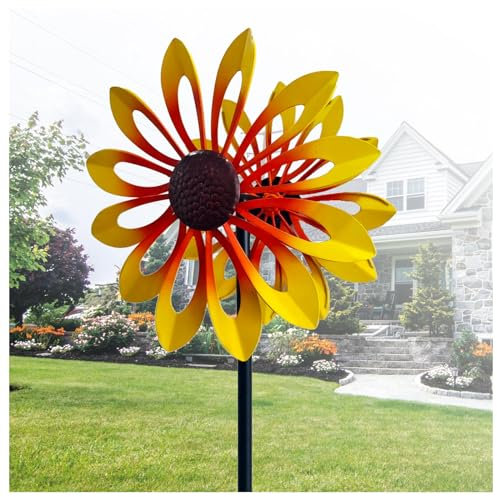 Sonnenblume Windrad, Doppelwindrad mit gegenläufigen Rotoren,174CM Metall Garten Doppelschicht Windrad Familie, Freunde Und Bekannte,Yellow