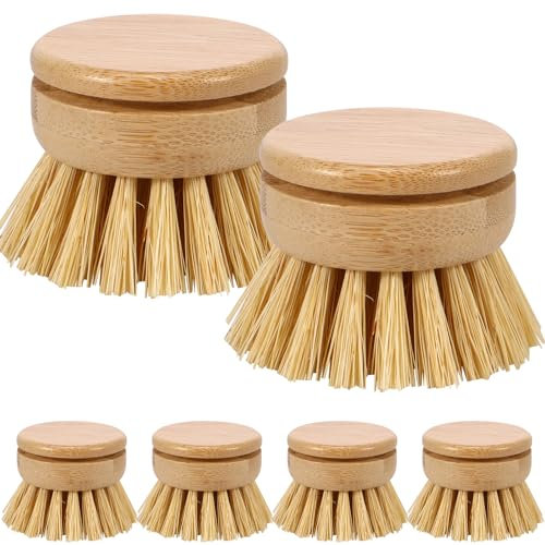 BOBASH 6Pcs Bamboo Dish Brush Head Soft Sisal Bristle Dish Natural Washing Brush Head Eco-Friendly Washing Up Brush Replacement Heads Easy to Use Dish Scrubber Head for Dish Brush Cleaning 1.89×1.57in