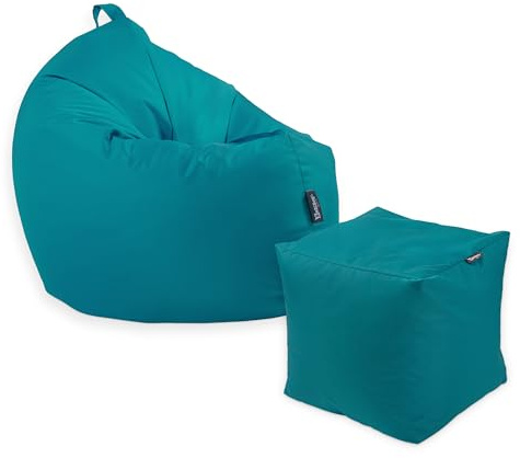 Premium 2-in-1 Sitzsack mit Füllung | Fußhocker | für Kinder & Erwachsene | Outdoor & Indoor | Sitzkissen | Bodenkissen | Wasser- & schmutzabweisend + Sitzpouf 35x35x35cm (Petrol, 100 CM + Sitzspouf)