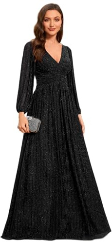 Ever-Pretty Women's Glitter A Line V Neck Pleated Long Sleeve Evening Dress Black 18UK