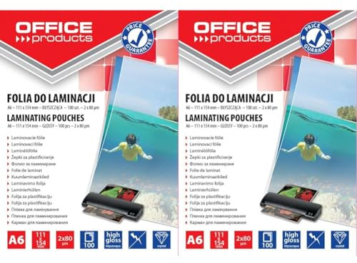 OFFICE PRODUCTS Laminierfolie A6 Glänzend Transparent/ 100 Stück DIN A6 / Folienstärke 80 Mikron - 2 x 80 mic/Heißlaminierfolien/Kompatibel mit Geräten aller Markenhersteller (Packung mit 2)