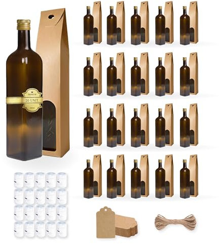 Espirito Rebelde 20 Botellas de Cristal Oscuro 500ml con Tapón de Rosca Dorado + 20 Cajas + 20 Sellos + 20 Etiquetas Kraft + Cuerda - Aceite de Oliva, Vinagre, Alcohol - Aceitera de Cristal