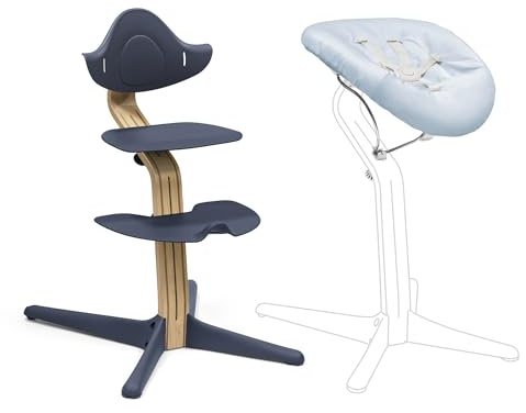 Stokke Nomi Silla Roble (Azul Marina) + Newborn Set (Blanco/Azul Grisáceo) - Incluye un Arnés de Seguridad de Cinco Puntos y Un Set de Tela Reversible y Lavable - Soporta hasta 150 kg