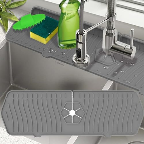 TANTASY Kitchen Sink Splash Guard,Sink Protectors for Kitchen Sink,Sink Mat,Sponge Holder,Silicone Faucet Handle Drip Catcher Tray for Kitchen Bathroom Sink Accessories(Gray,17.7”x 5.8”)