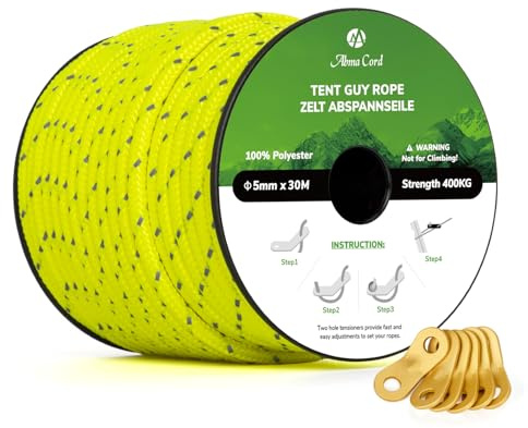Abma Cord Campingrep Tältspännlinor 5mm 30M med 6 St Campingsladdspännare Tält Guide Rep för Camping, Tent, Markis, Gazebo - Reflekterande neongul