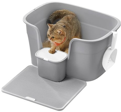 Feandrea Katzenklo, extragroße Katzentoilette, für Mehrkatzenhaushalte, mit hohen Seitenwänden, Katzenstreumatte, Aufbewahrungsbox, Schaufel, für große Katzen, Taubengrau PPT003G01