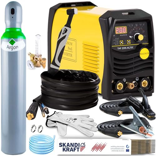 MAGNUM THF 220S AC/DC - WIG Schweißgerät AC DC mit Punktschweißen, MMA-Modus und Puls-Funktion - Merkmale: Pre Flow und Post Flow, 200A Schweißstrom, IGBT-Technologie usw. - Set Professional