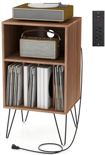 GOPLUS Table d'Appoint avec Station de Charge USB Type C, Armoire de Rangement, Bout de Canapé Bureau,Salon avec Pieds en Métal, 5 Etagère de Rangement Dossier Vinyle, 48 x 40 x 88CM (Noyer)