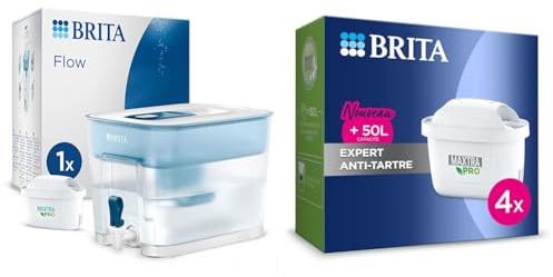 BRITA Distributeur eau filtrée Flow (8,2L) incl 1 cartouche filtre eau robinet MAXTRA PRO All-in-1 & Cartouche Filtre Eau Robinet MAXTRA PRO Expert anti-tartre - Pack de 4 pour recharge carafe