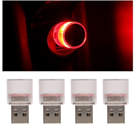 CGEAMDY 4 Pièces Lumières D'ambiance Voiture USB, Mini Lampes D'ambiance LED USB Pour Intérieur Voiture, Auto Lumières Intérieures Sans Fil Mini Pour Ordinateurs Portables Universelle(Rouge)