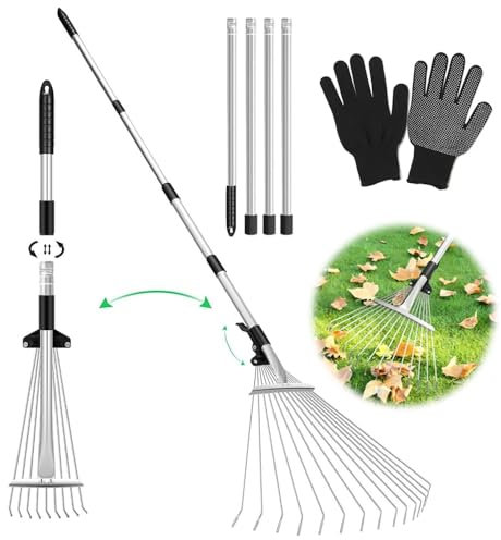 Laubrechen Verstellbar mit Stiel 207cm,Verstellbarer Rechen,Laubharke Metall mit Handschuhe,Fächerbesen Verstellbar,Gartenrechen Teleskop,Laubbesen Wolf,Rechen Garten mit Stiel,Laubfächer