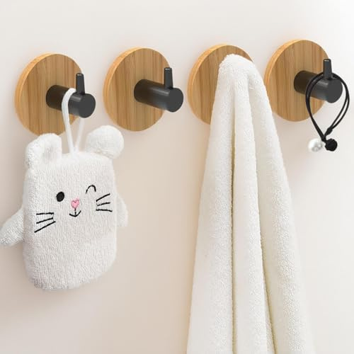 marrhorvk Klebehaken Holz 4 Stück, Handtuchhalter Ohne Bohren Dekorative Klebehaken Selbstklebend Wandhaken für Badezimmer Küche (Holz, Schwarze Haken)