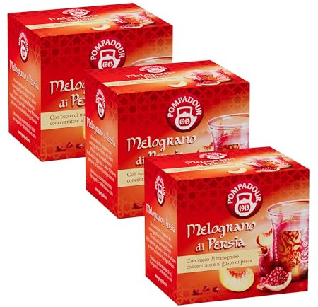 Pompadour, Infuso Melograno di Persia, 30 Filtri (3 Confezioni da 10 Filtri), con Melograno e Pesca, Gusto Dolce e Fruttato, Senza Lattosio, Glutine e Allergeni, Vegan