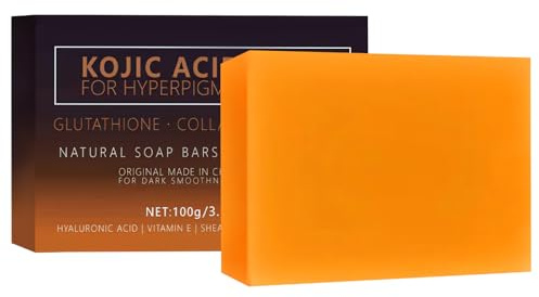 Kojisäure-Seife für Gesicht und Körper, Vitamin C Seifenstück Hyperpigmentierung, feuchtigkeitsspendende Kurkuma-Seife gegen Akne, schwarze Flecken, Mitesser mit Netz-Seifenbeutel (1 Stück)