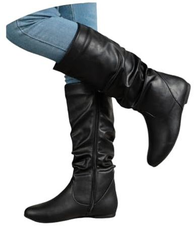 Women's Slouchy Knee High Boots Pull On Flat Boots with Side Zipper Fall Winter Western Cowgirl Booties for Women Soft Faux Leather Round Toe Low Heels Combat Mid Calf Tall Dress Boots